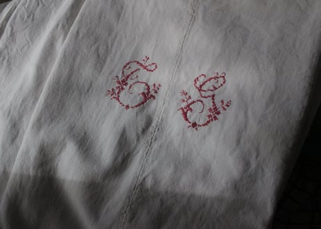 France Antique Linge Ancien Feuilles MONOGRAM“CG”シーツ