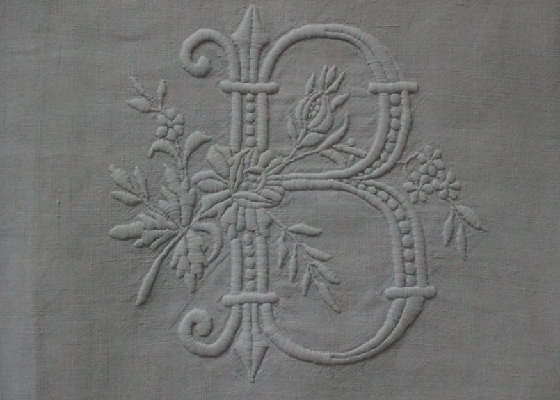 フランスアンティークイニシャルシーツ/モノグラムカバー/MONOGRAM“JC” France Antique Linge Ancien Feuilles MONOGRAM“J