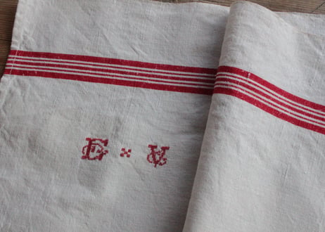 【送料無料対象商品】 France Antique Torchons 赤ライントルション/MONOGRAM“EV”(数量4)