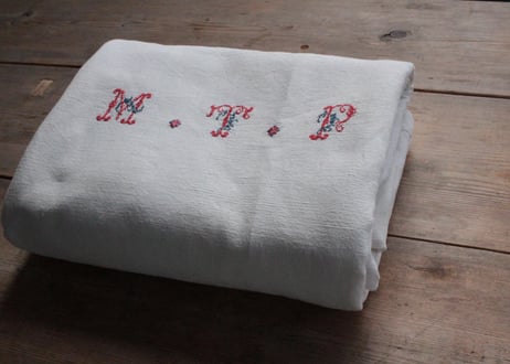 France Antique Linge Ancien Feuilles MONOGRAM“MTP”シーツ/RED・GREEN