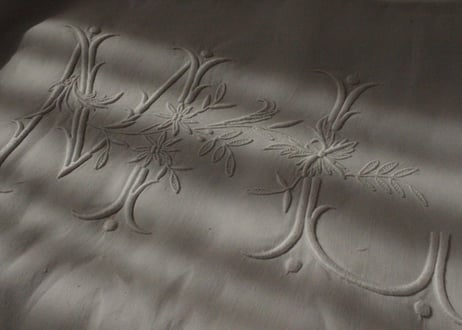 France Antique Linge Ancien Feuilles MONOGRAM“ML”大判シーツ