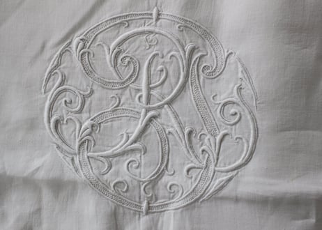 France Antique Linge Ancien Feuilles MONOGRAMピュアリネンの大判シーツ