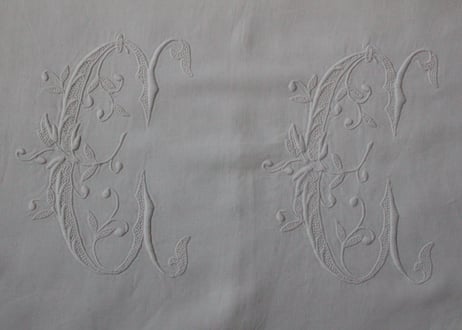 France Antique Linge Ancien Feuilles MONOGRAM“CC”大判シーツ