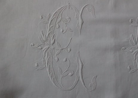 France Antique Linge Ancien Feuilles MONOGRAM“CC”大判シーツ