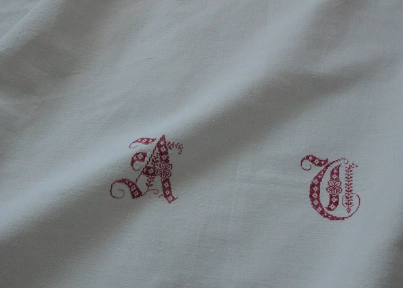 France Antique Linge Ancien Feuilles Monogram