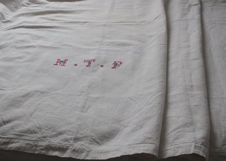 France Antique Linge Ancien Feuilles MONOGRAM“MTP”シーツ/RED・GREEN