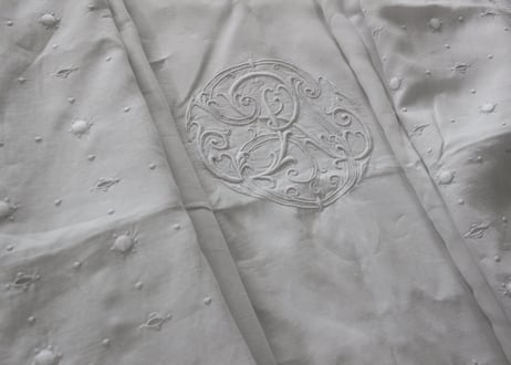 France Antique Linge Ancien Feuilles MONOGRAMピュアリネンの大判シーツ