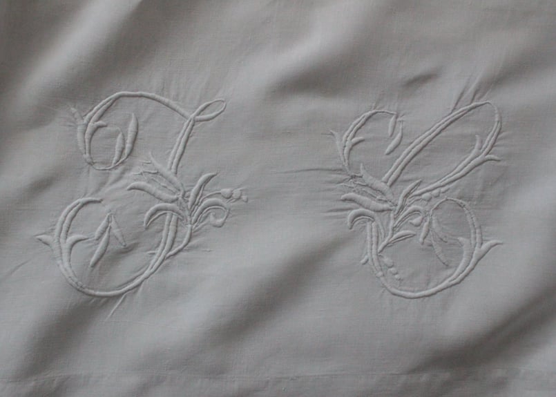 France Antique Linge Ancien Feuilles MONOGRAM“J