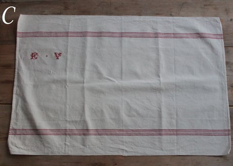 【送料無料対象商品】 France Antique Torchons 赤ライントルション/MONOGRAM“EV”(数量4)