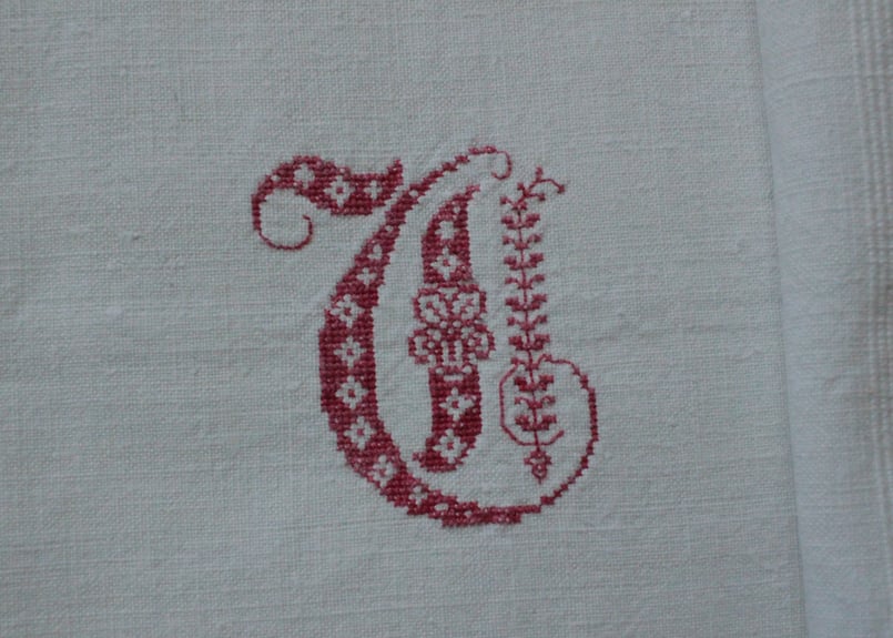 France Antique Linge Ancien Feuilles Monogram