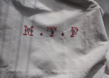 France Antique Linge Ancien Feuilles MONOGRAM“MTP”シーツ/RED・GREEN