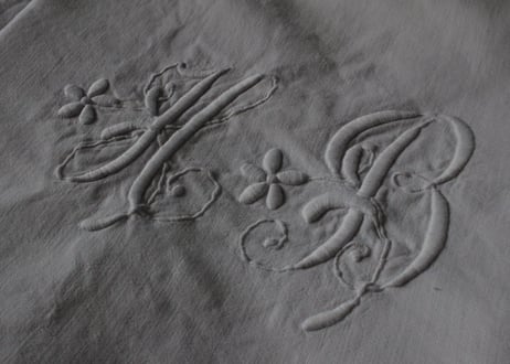 France Antique Linge Ancien Feuilles MONOGRAM“HB”シーツ