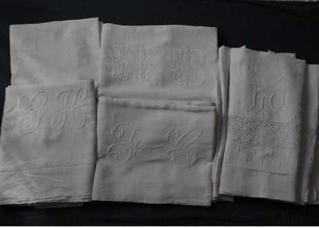 France Antique Linge Ancien Feuilles MONOGRAM“JC”