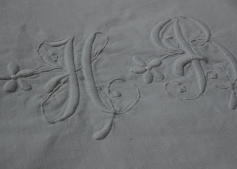 France Antique Linge Ancien Feuilles MONOGRAM“HB”シーツ