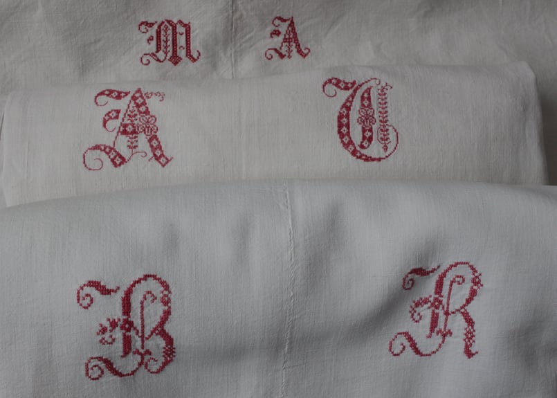 France Antique Linge Ancien Feuilles Monogram