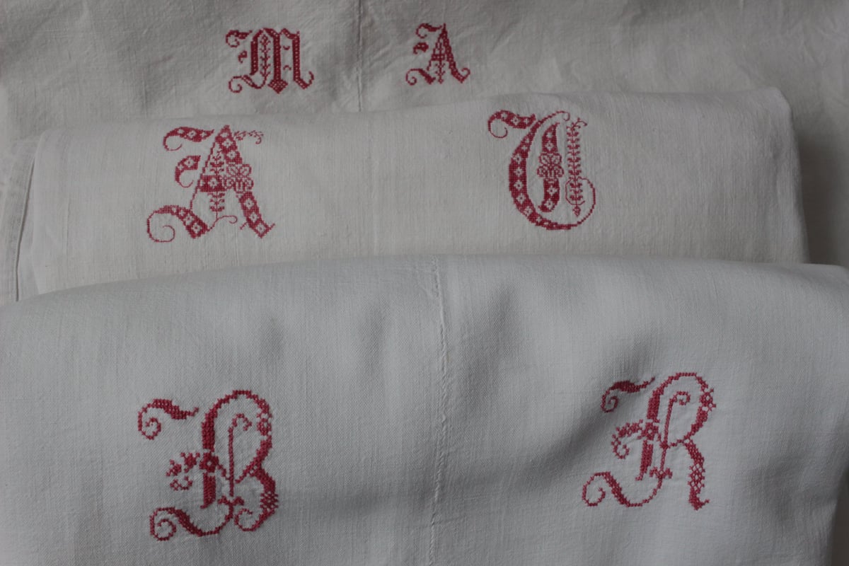 France Antique Linge Ancien Feuilles Monogram