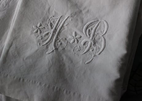 France Antique Linge Ancien Feuilles MONOGRAM“HB”シーツ