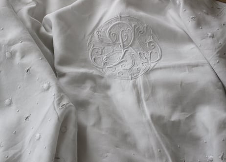 France Antique Linge Ancien Feuilles MONOGRAMピュアリネンの大判シーツ