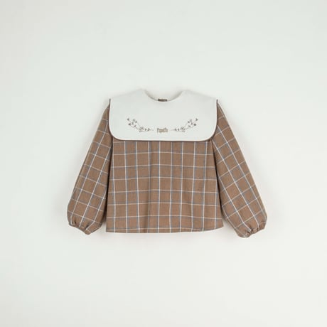 Popelin【即納】Terracotta plaid embroidered organic fabric blouse with bib《送料無料・セット割対象》