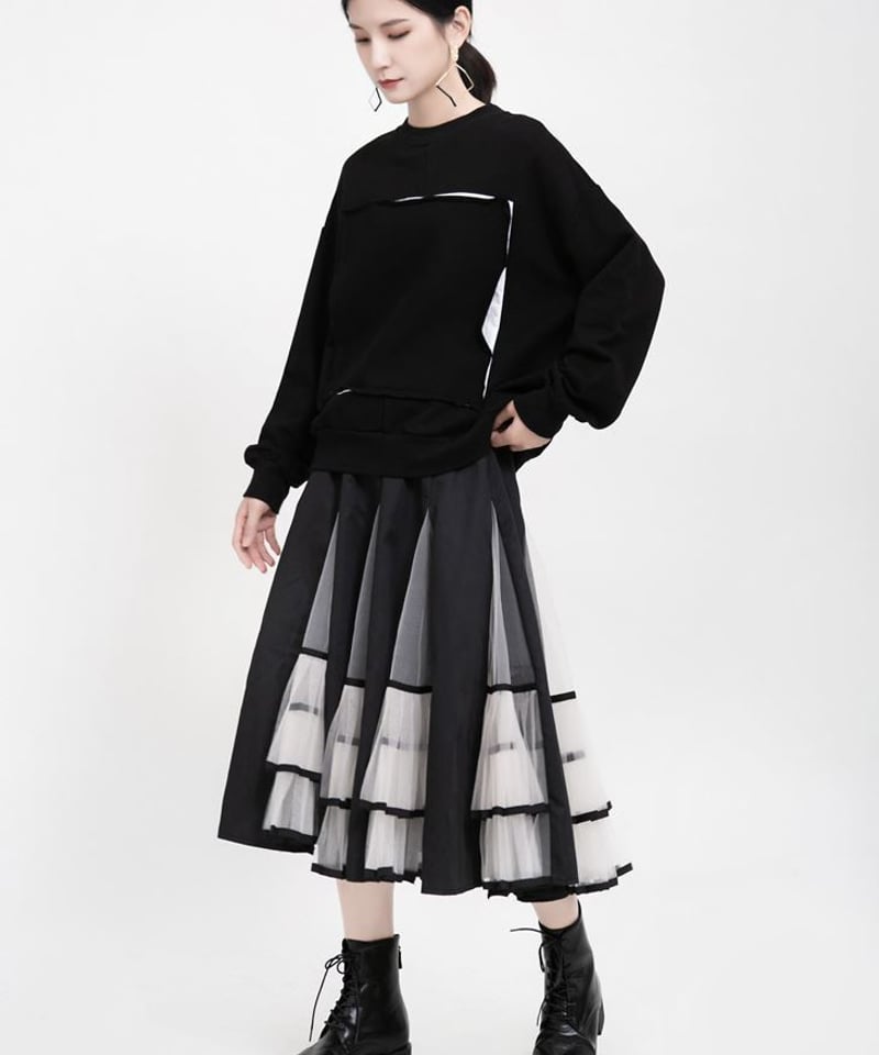 モード系】モノトーンハイウエストメッシュスカート