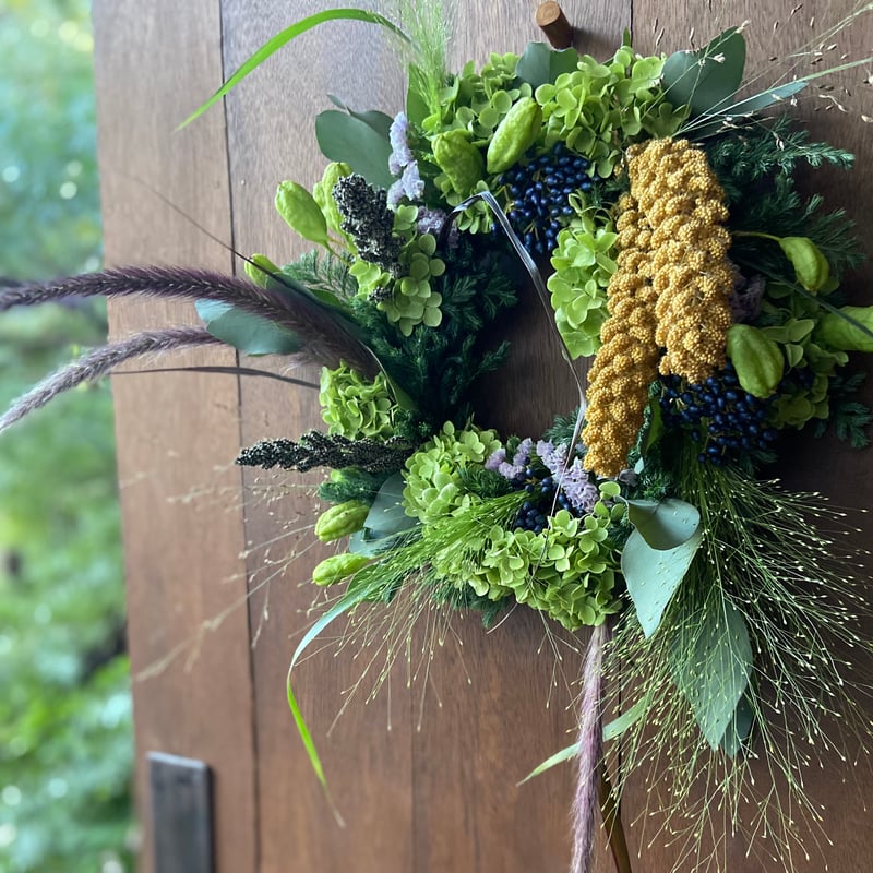 アナベルと元気が出るお花いっぱいリース　マリーゴールド　ルリタマアザミ 2310919948.jpg?1720091702