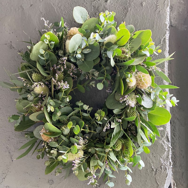 34cm/ユーカリグニと針葉樹のグリーンリース/Holiday/壁掛け/生花 34cm/ユーカリグニと針葉樹のグリーンリース/Holiday/壁掛け/生花