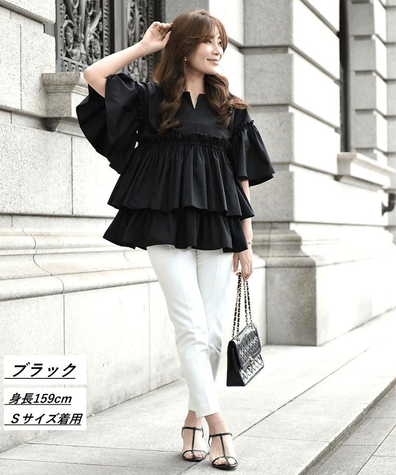 シワになりにくい袖付きティアードブラウス