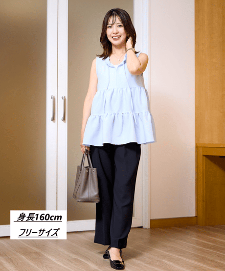 【洗える・シワになりにくい】前後2WAYサッカーペプラムノースリーブブラウス・6/19(金)20:00発売開始
