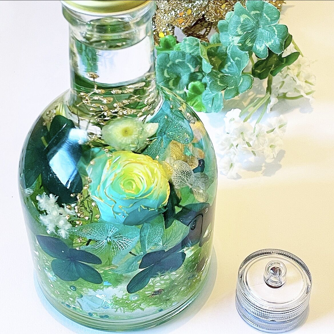 ◆ハーバリウム　196  一周お花のグリーンbottle *.:。✿*゜¨ ◇ハーバリウム 196 一周お花のグリーンbottle *.:。✿*゜¨