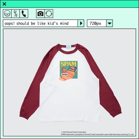 ％psh SPAM® Brand raglan longsleeve tee　/　SPA-OPS2402 WHITE×BURGUNDY