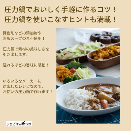 【動画レッスン・レシピ付】圧力鍋で牛すじカレー・市販のルウ不使用レシピ（全５レシピ）