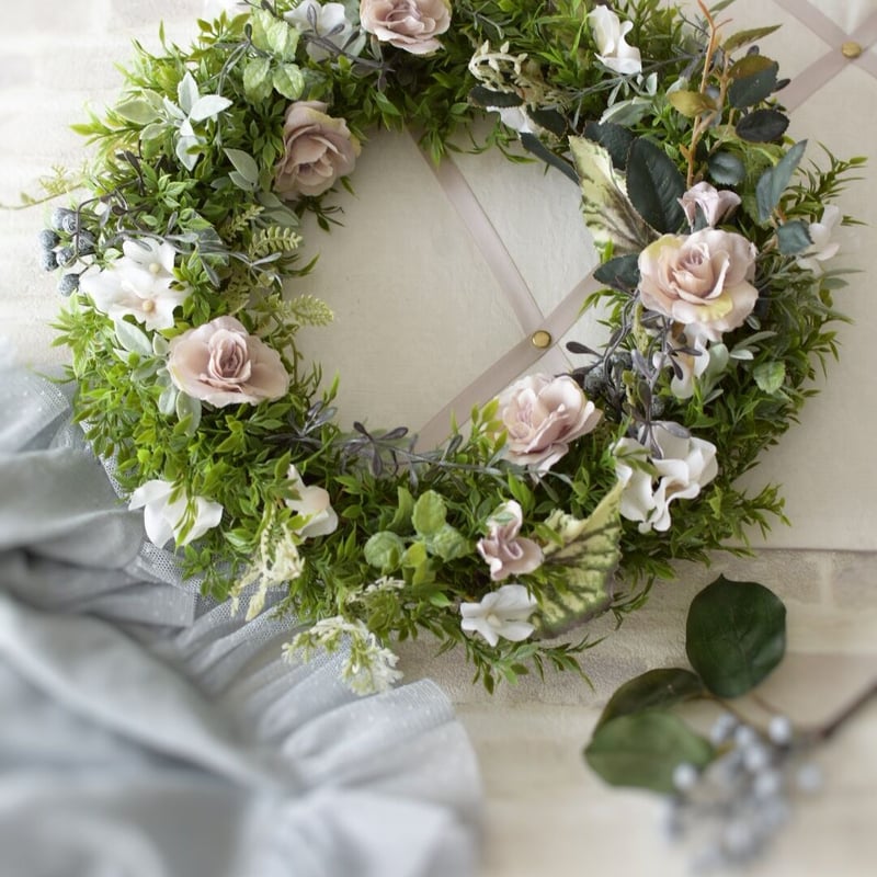 1点物・アーティフィシャルフラワーリース／シャビーベージュ系