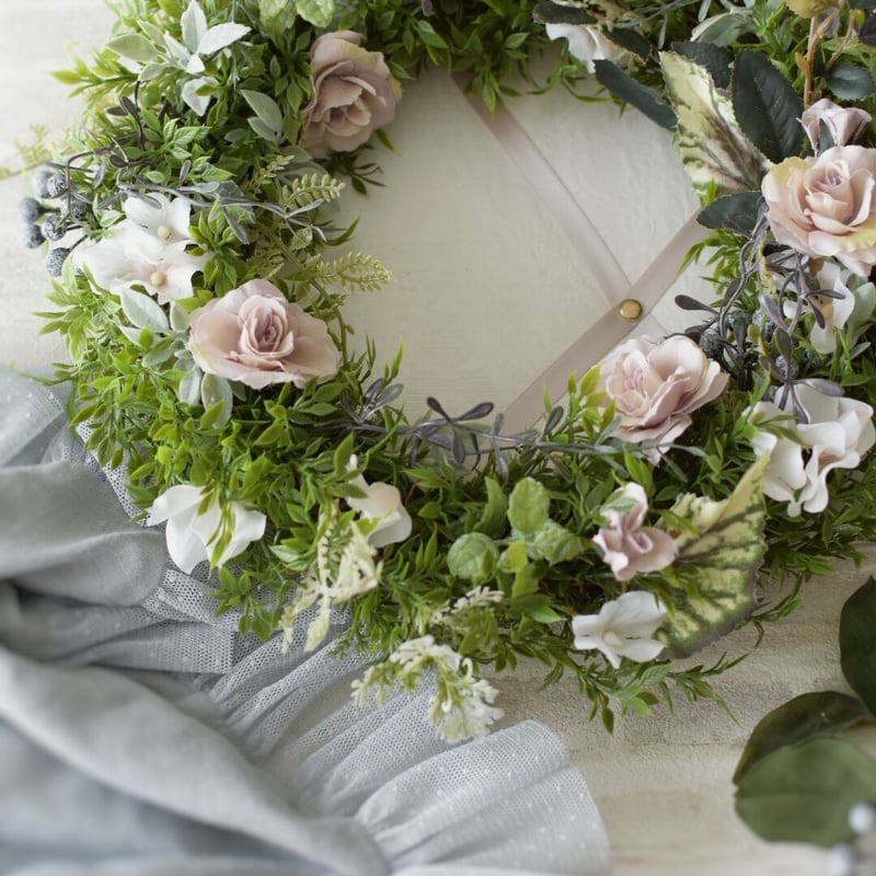 1点物・アーティフィシャルフラワーリース／シャビーベージュ系