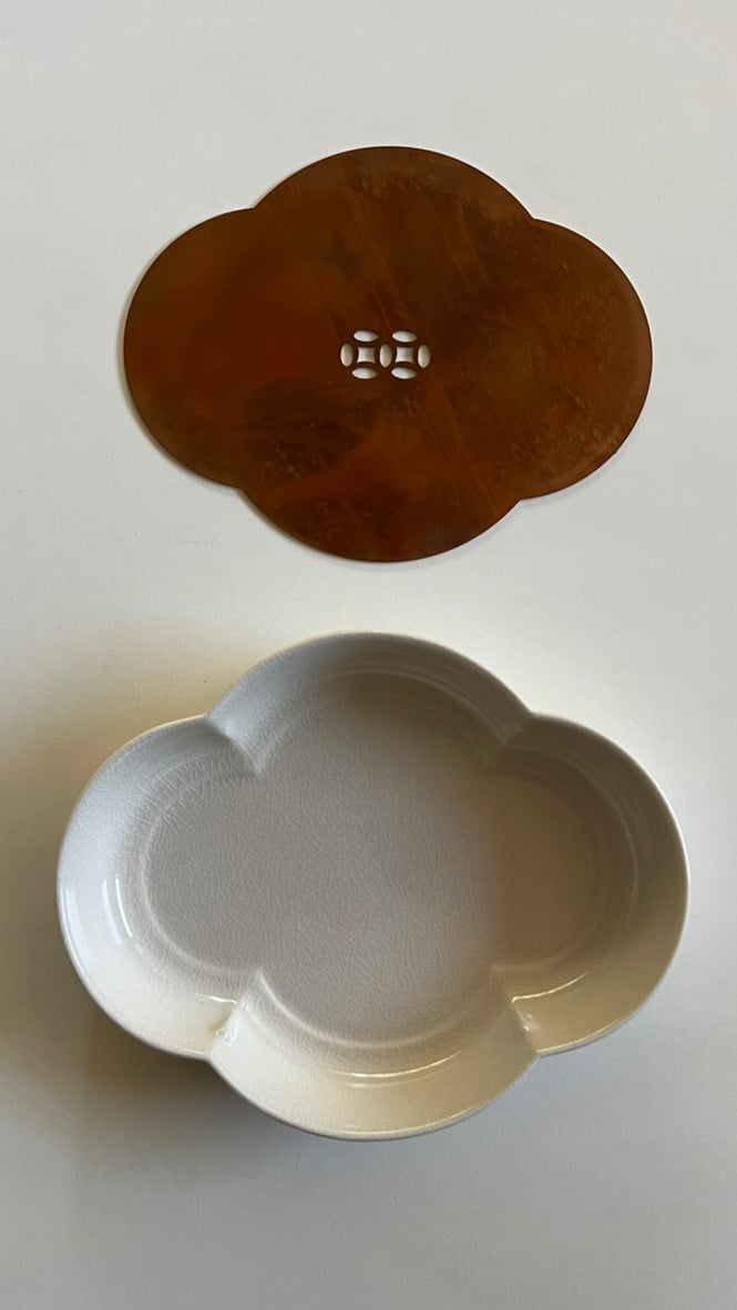 青磁茶盤 茶 船 16世紀 龍泉窯青磁 3点セット 鎬文大皿 x 唐木鉄器茶盤