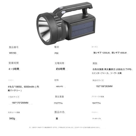 ｿｰﾗｰ充電式懐中電灯W5193 ハンディライト 防災用品 停電 非常時 太陽光  アウトドア 充電 コードレス