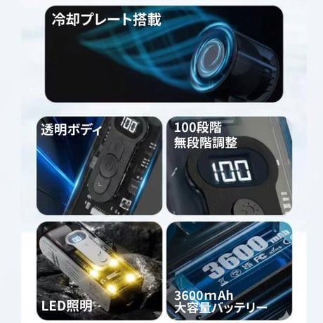 LEDライト搭載 USB小型送風ファン ＦＣ８ ３６００ｍＡｈ（１０Ｗ）安全 防災用品  透明ボディ メカニカルデザイン 送風機 停電対策 大容量バッテリー ＵＳＢ充電式 ガジェット好き