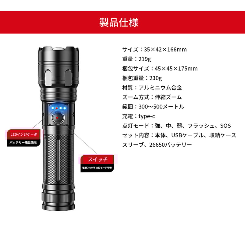 強力懐中電灯X16B CRECOTE 高輝度 ズーム付き フラッシュライト