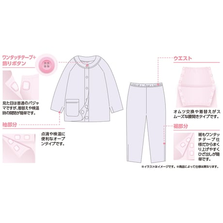 ワンタッチテープ＋腰開きパジャマ　開閉簡単　診察　介護サポート　婦人用　ＰＵ　Ｍ ケアファッション●介護●自立支援●着替え簡単●お年寄り●シルバー●業務用●老人ホーム●病院●リハビリ 【取寄せ商品】