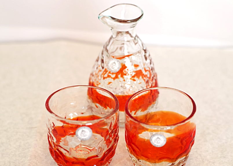 正規品＞明るいオレンジ色「でこぼこ線入りグラス2個」と「徳利1個