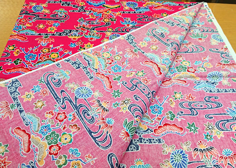 沖縄紅型 ピンク ピンク色の紅型（びんがた）布。大きい柄の沖縄柄綿生地。Made in
