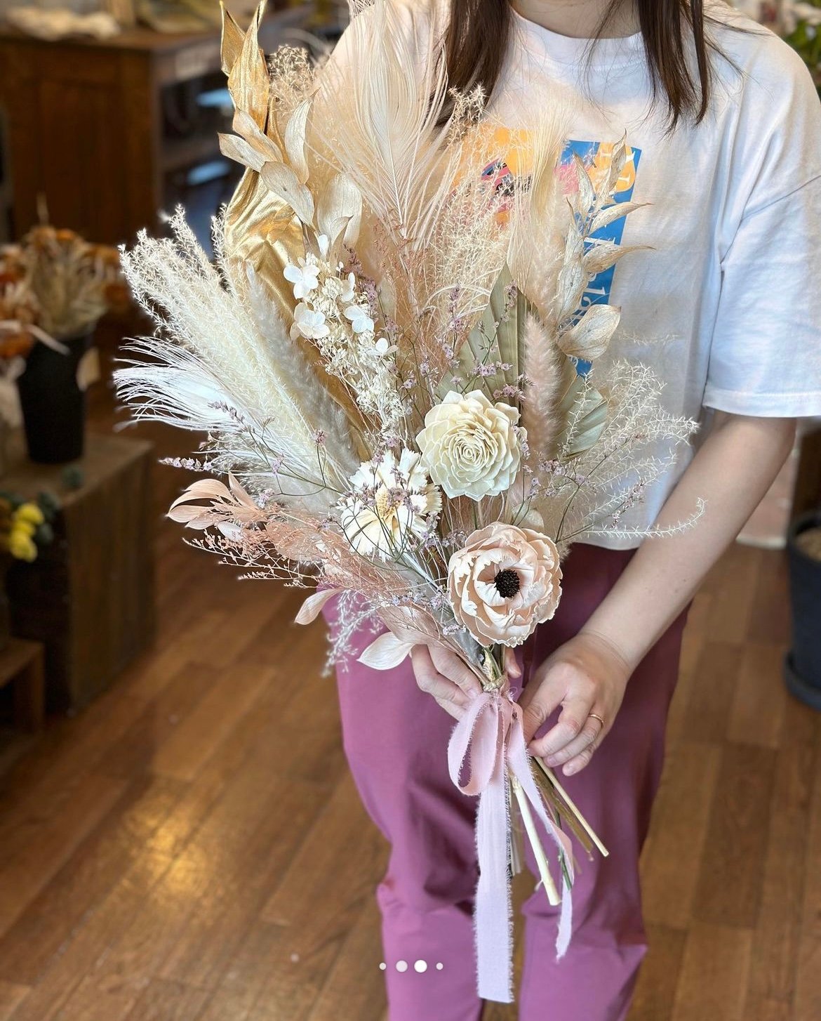 オーダーメイドブーケ・ブートニア・ヘッドアクセセット レンタルブーケ]ゴールドブーケ、ブートニア、ヘッドドレス