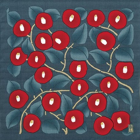 北欧柄ふろしき チーフ 竹久夢二 つばき アオネズ 48x48