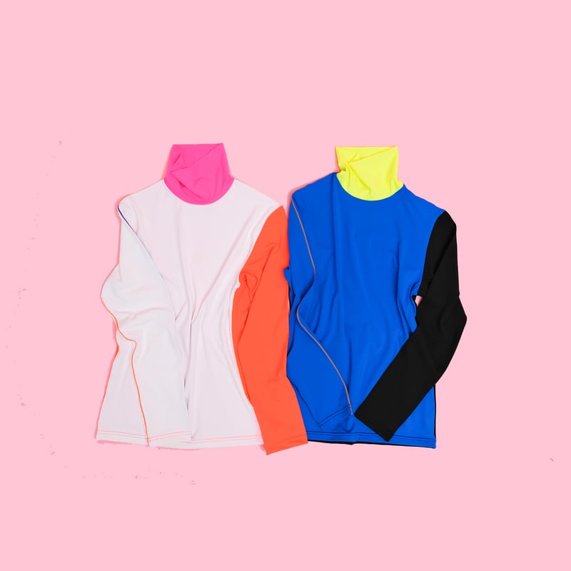 ステッチアクセント タートルネックロングT（ピンク