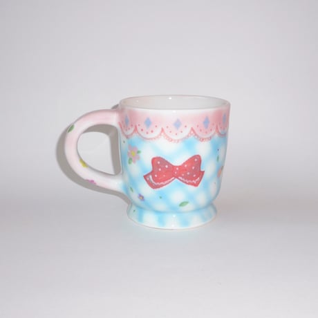 Blue Check Ribbon Mug / Yes!ceramic