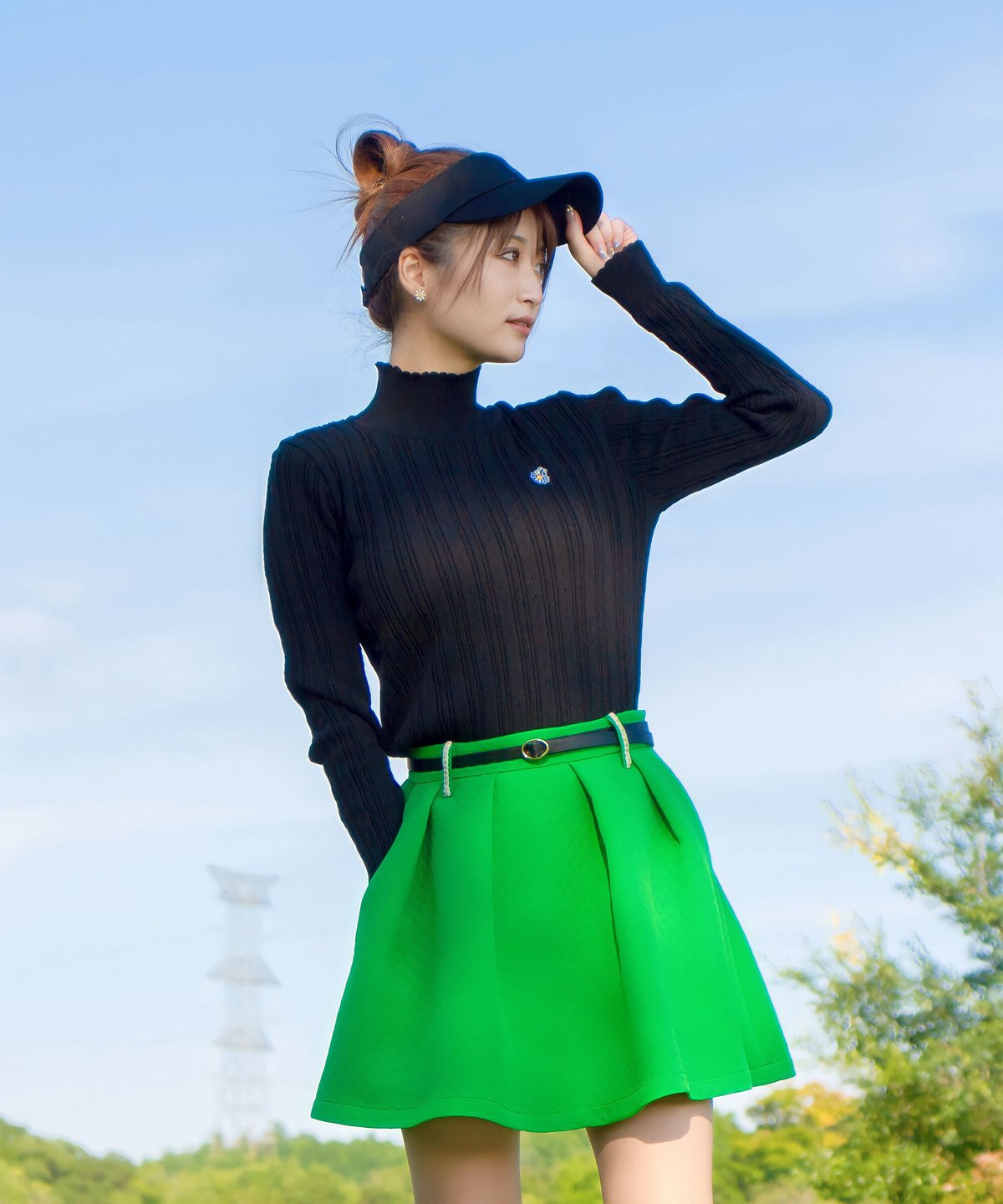 残り1着！】キルティング風タックフレアスカート グリーン | HONEY