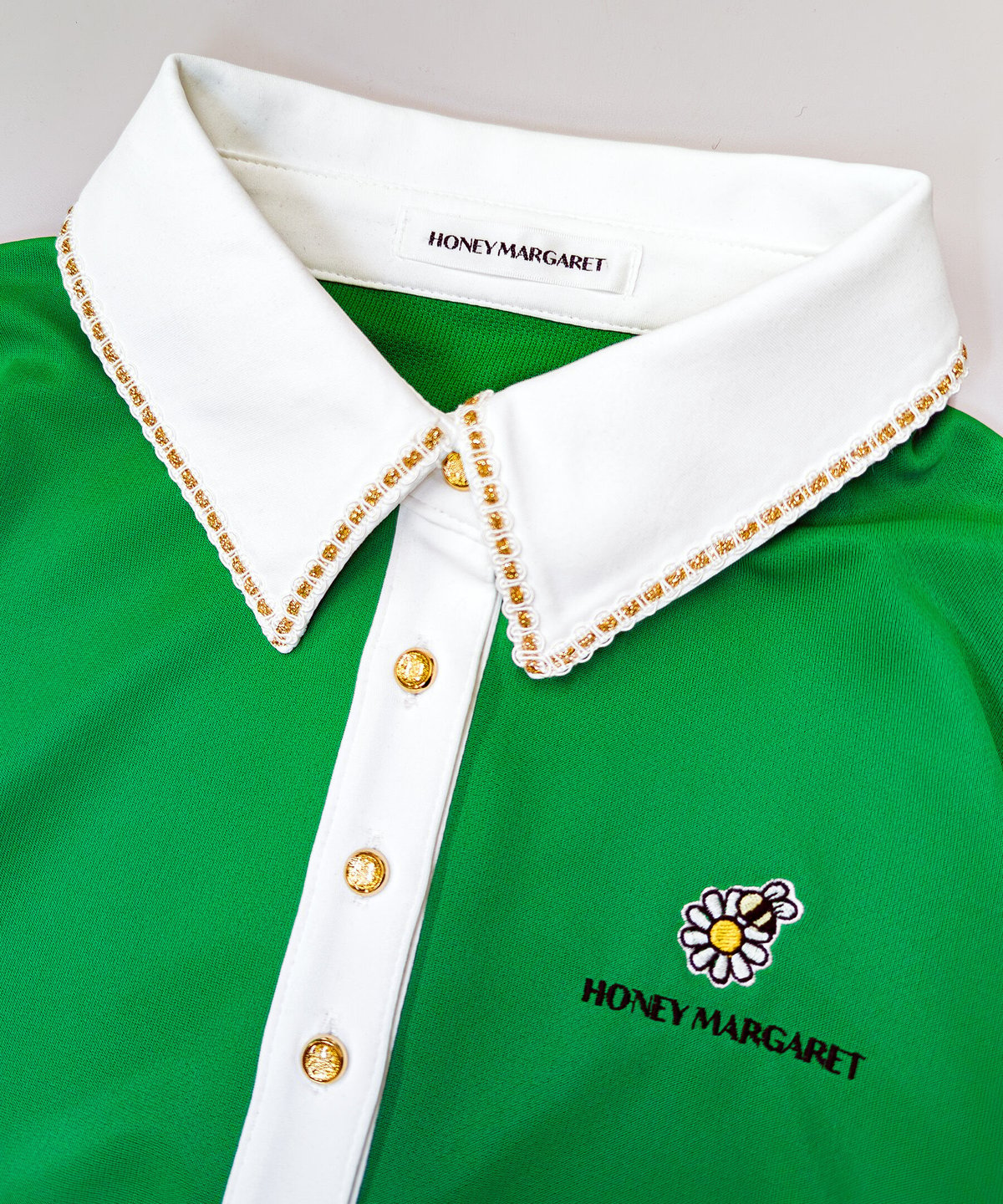 長袖ポロシャツ　刺繍デザイン　袖　ワンポイント　　襟付　レトロ　緑　グリーン