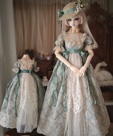 【即納】　30cm 1/6サイズボデイ（TinyFox・yosd等) あけがたの休日　ミント・クリーム色　クラシックドール服セット　BJD ドール アウトフィットセット   【一点限定】
