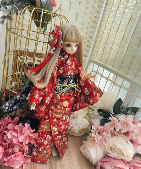 【即納】　『Xmyaハンドメイド』製　1/6サイズドール用和装・着物　二色：赤色・紺色　TinyFox・yosd・アゾン 等対応　３点セット