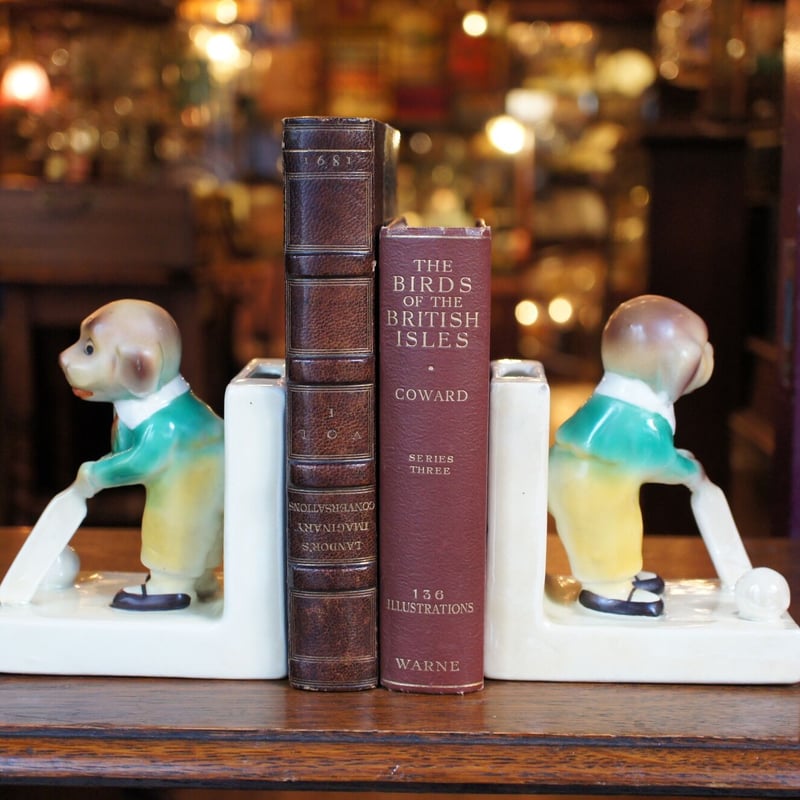 ドッグ ブックエンド オブジェ 陶磁器 青色 藍色 レトロ ヴィンテージ 犬