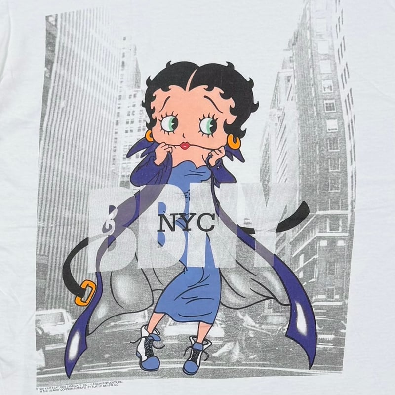 487 90s Betty Boop 白デニムジャケット　コミック柄　ビッグロゴ BETTY BOOP 1995 DKNY PARODY BBNY WHITE FITS XL